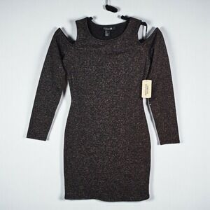 Forever 21 Mini Dress Small Women Black Multicolor Glitter Cold Shoulder Bodycon